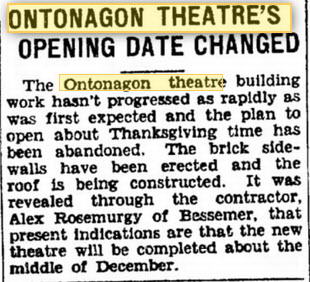 Ontonagon Theatre - Oct 30 1937 Opening Announcement (newer photo)